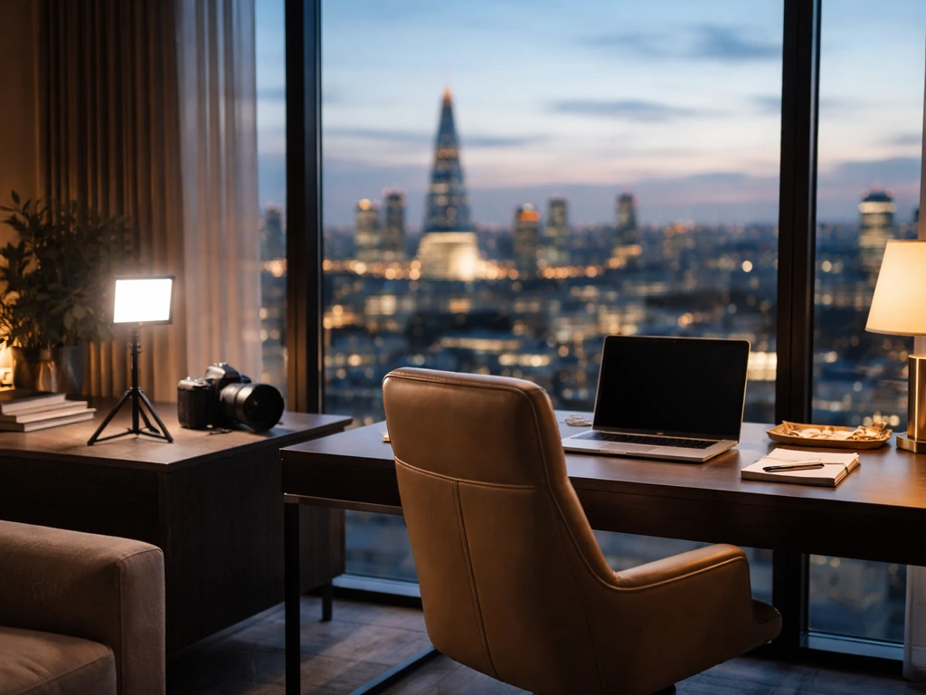 Empty luxury office with studio light and camera, overlooking a blurred London skyline at dusk