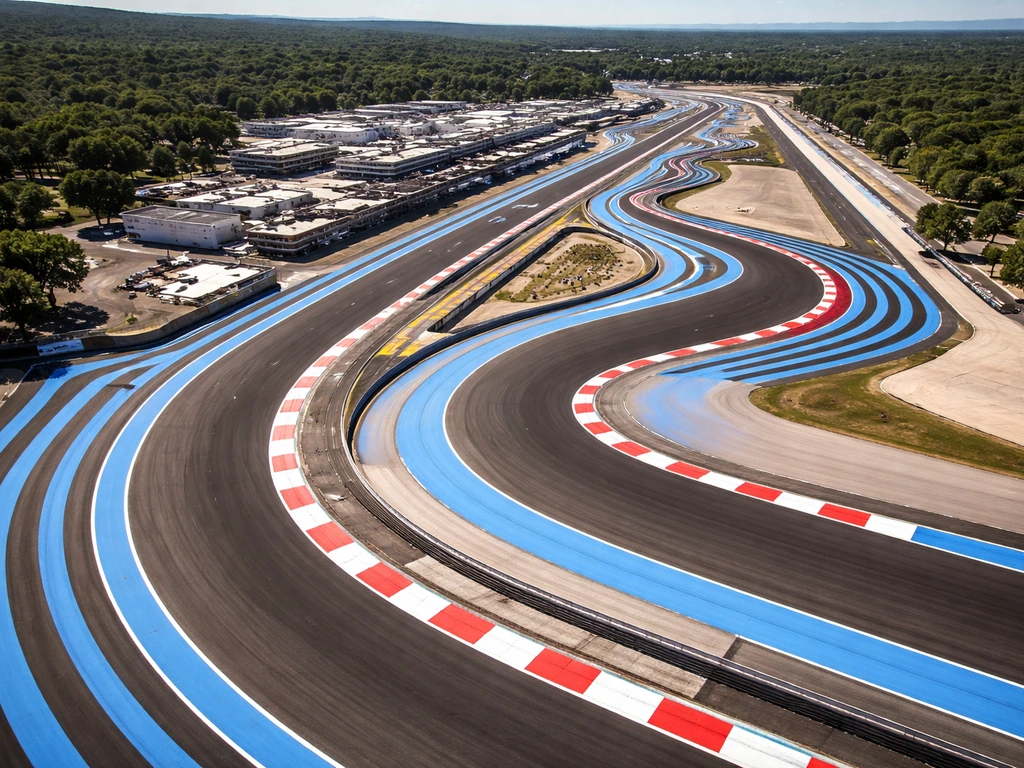 Aerial view of the Circuit Paul Ricard race track in southern France with surrounding greenery and track curves.