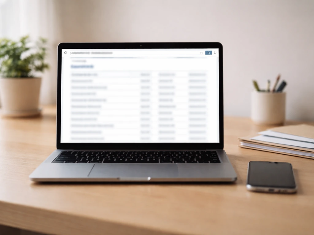 Minimal desk with laptop showing blurred government records search results, symbolic of verifying company details