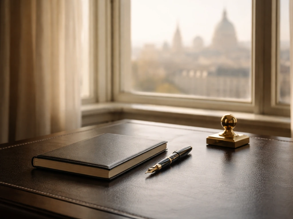Luxury European office scene with elegant books and a pen near a window, suggesting wealth and media influence
