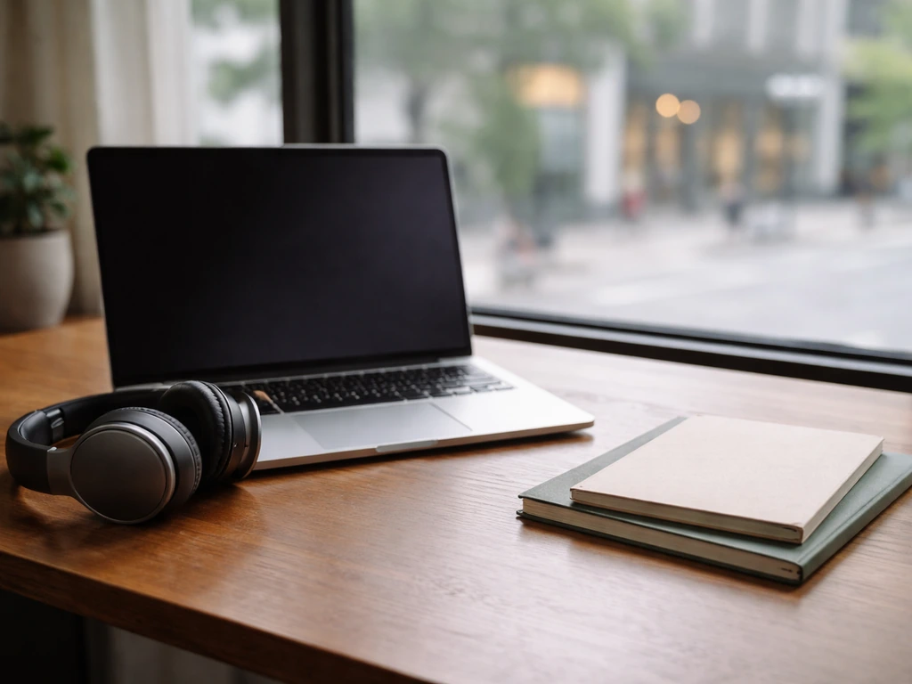Minimal home-office desk with headphones and laptop suggesting confusing search results