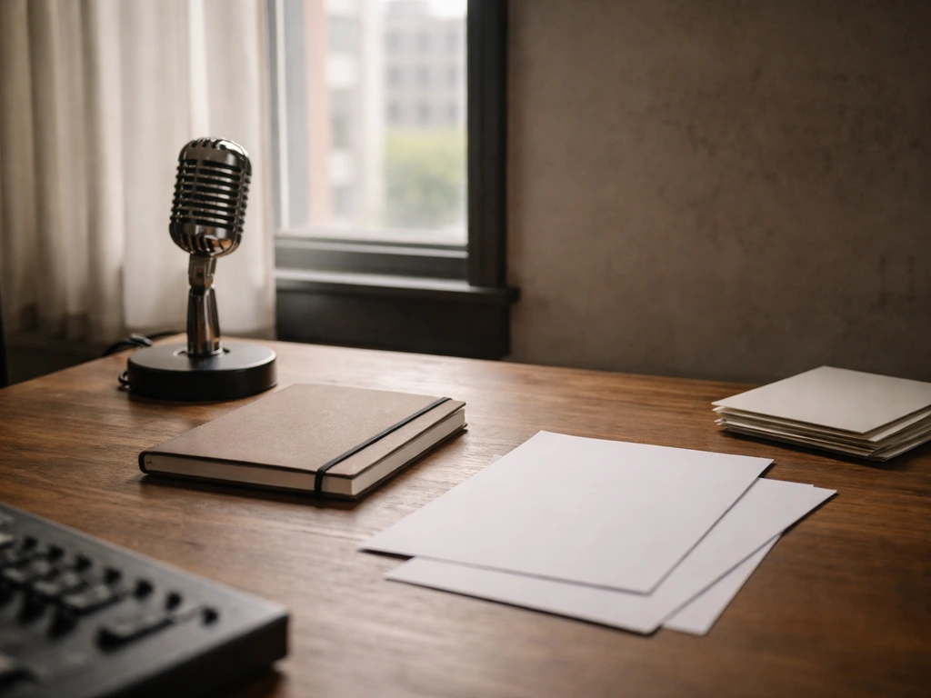 Minimal studio desk with a microphone and scattered paperwork, symbolizing limited public financial records