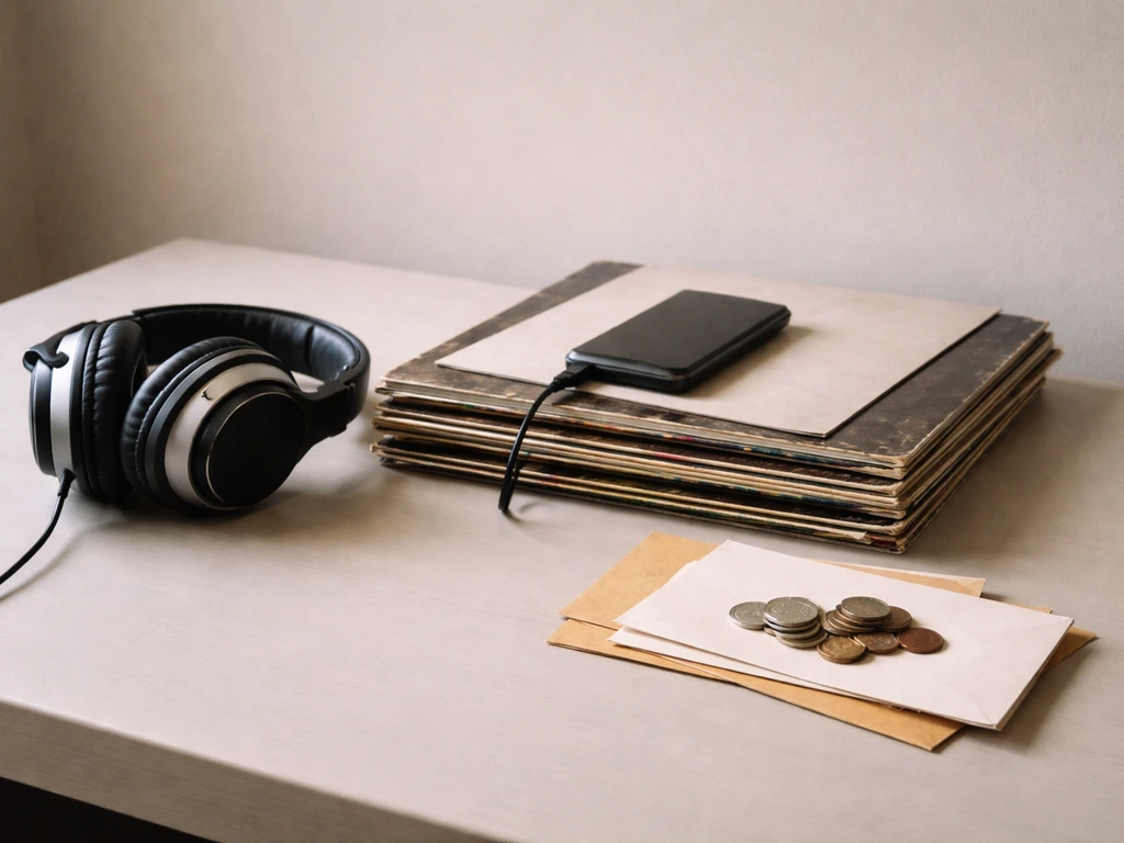 Music producer workspace with vinyl records, headphones, and cash-like envelopes symbolizing royalties and performances
