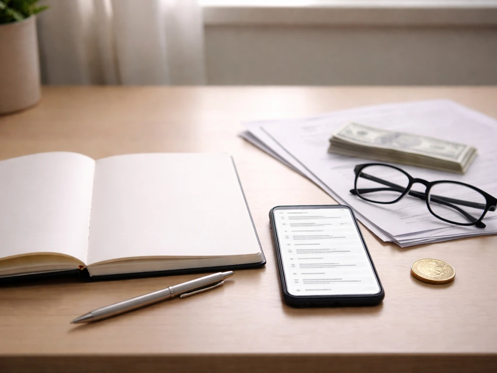 Minimal desk research scene with blank notebook, phone, papers, and small money symbols.