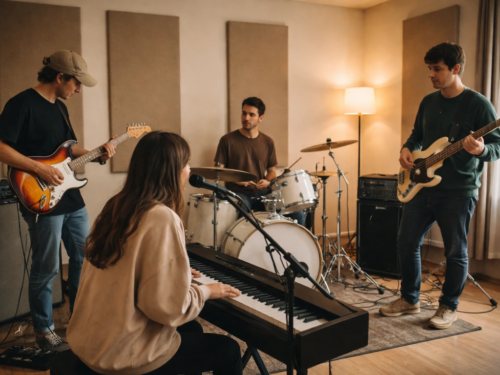 Four anonymized musicians performing together in a minimal studio, symbolizing a classic rock band lineup.