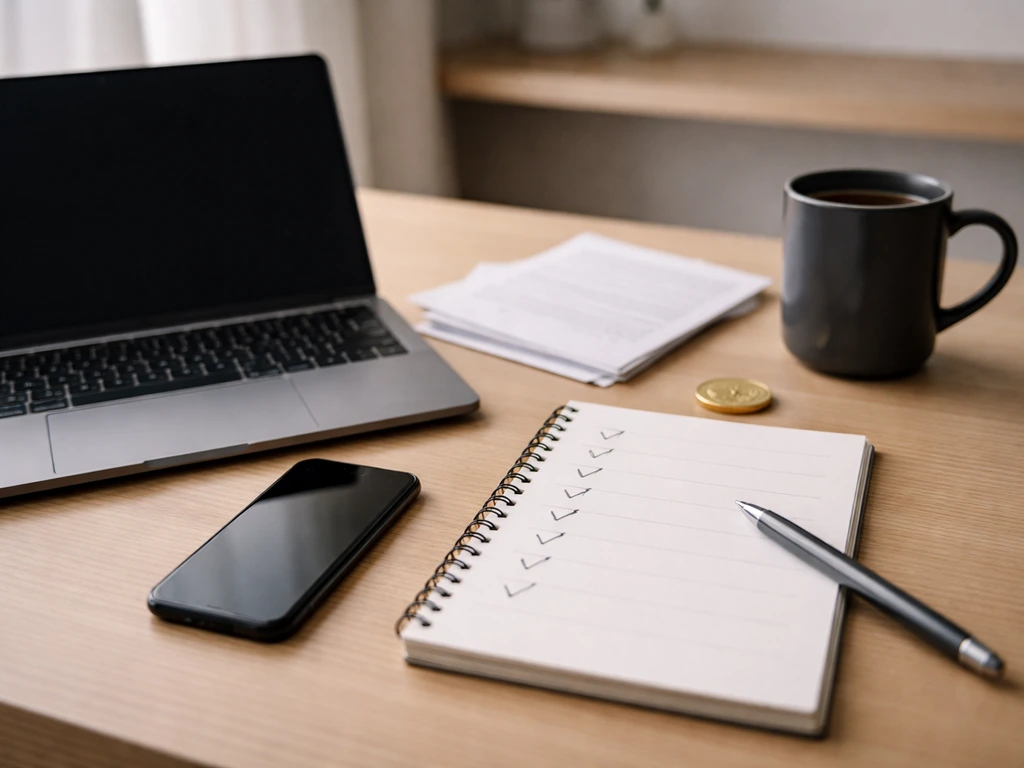 Desk scene with laptop, phone, notebook checkmarks, and symbols of money while comparing sources.