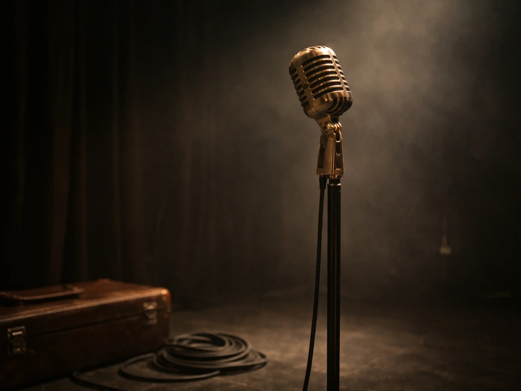 Vintage stage microphone under soft spotlight with dark curtains and a worn leather music case nearby.