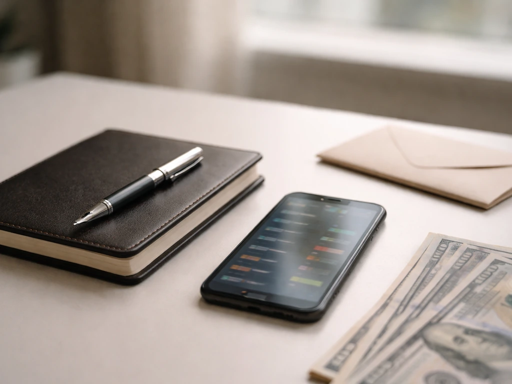 Minimal desk scene with pen, notebook, blurred finance phone, and cash symbolizing net worth comparison.