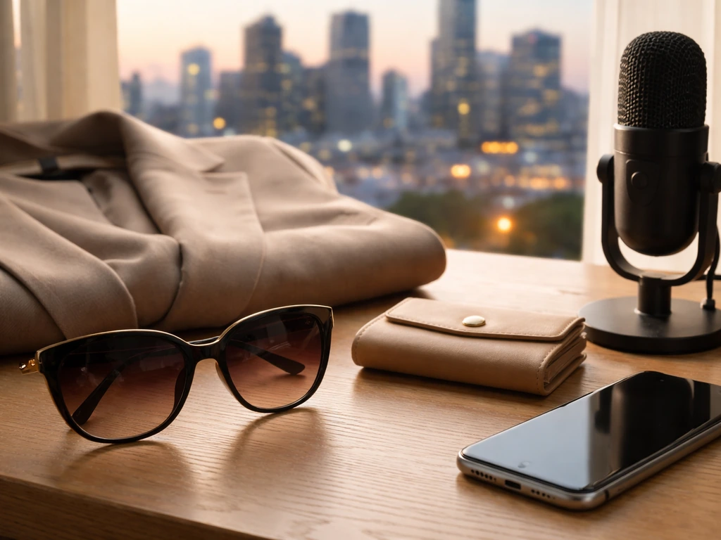 Minimal desk scene with luxury fashion items and a blurred city backdrop symbolizing women’s GNA clothing brand value