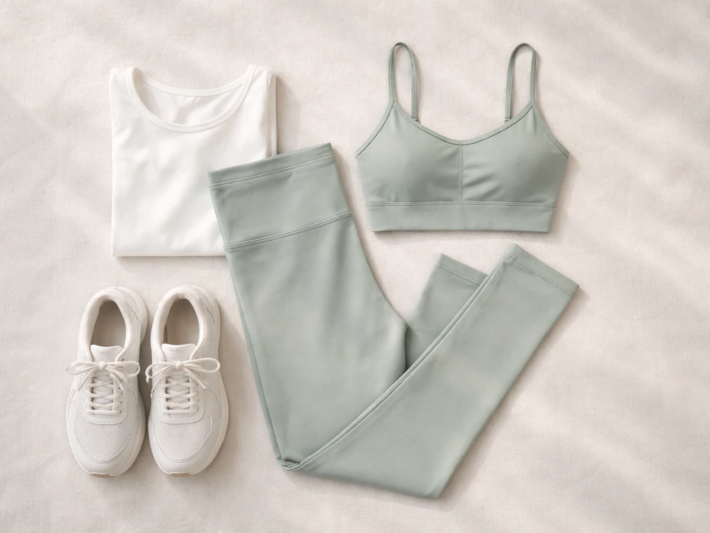 Flat lay of athleisure leggings and matching set accessories in a clean, minimal studio setting.