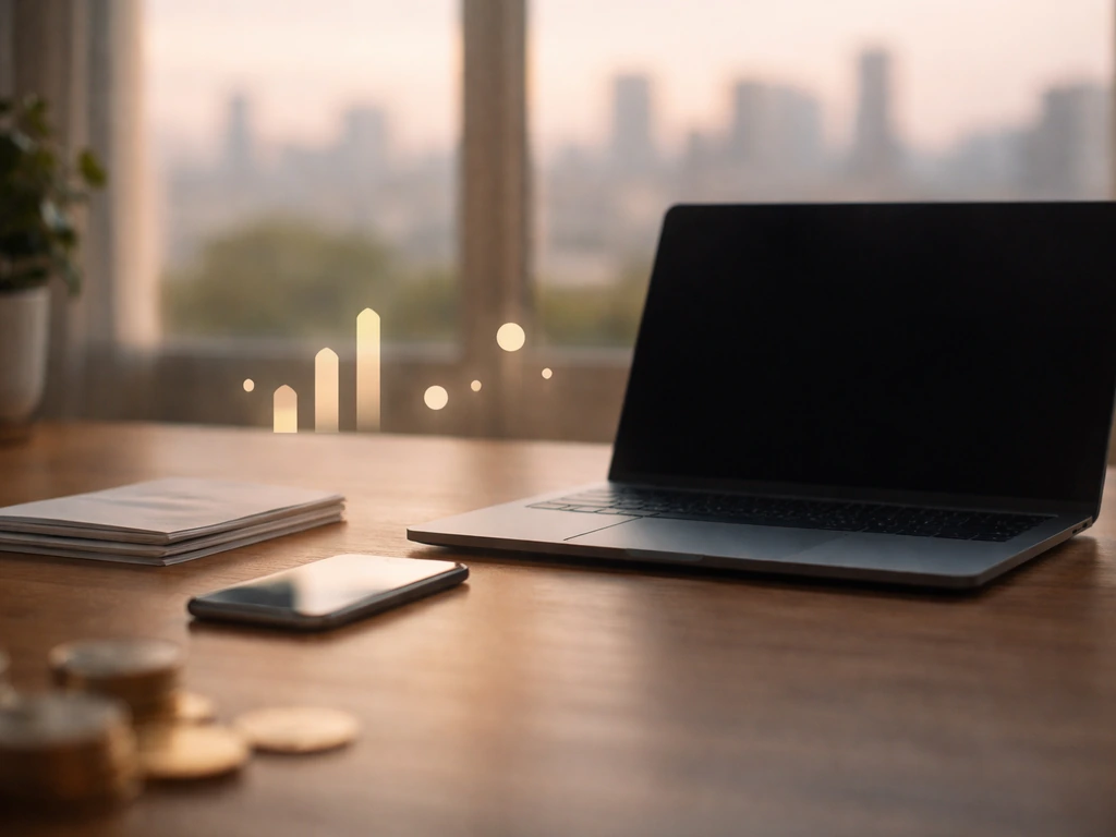 Minimal desk scene with a laptop and smartphone showing abstract money and social-business visuals