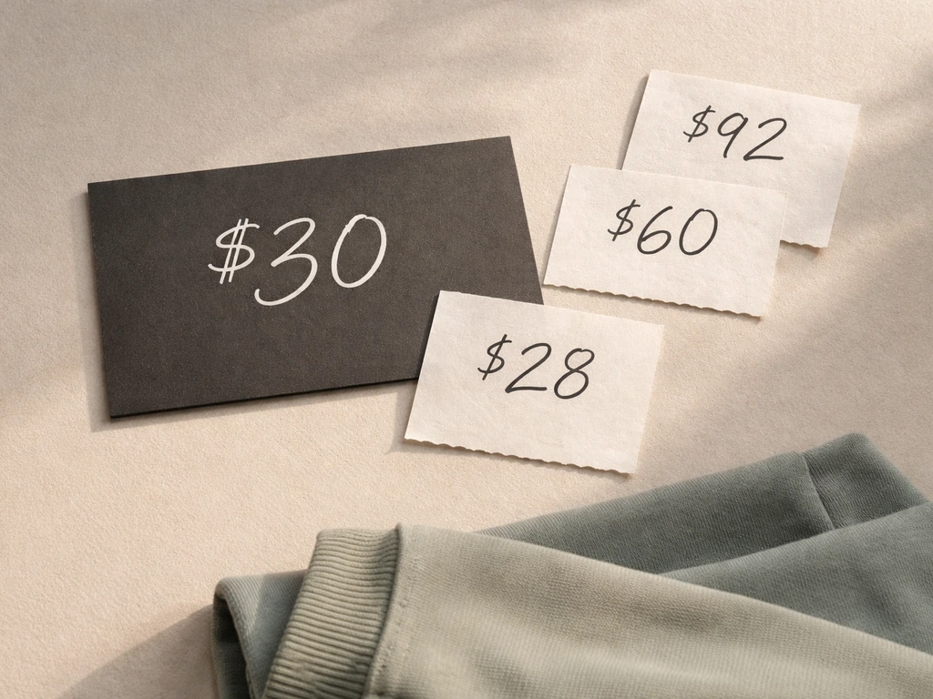 Close-up of generic receipt-style cards showing apparel prices ($26–$42) and higher-tier amounts.