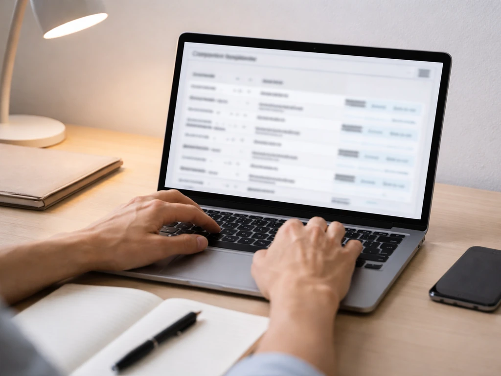 Hands reviewing a blurred corporate registry search on a laptop beside pen and blank notebook.