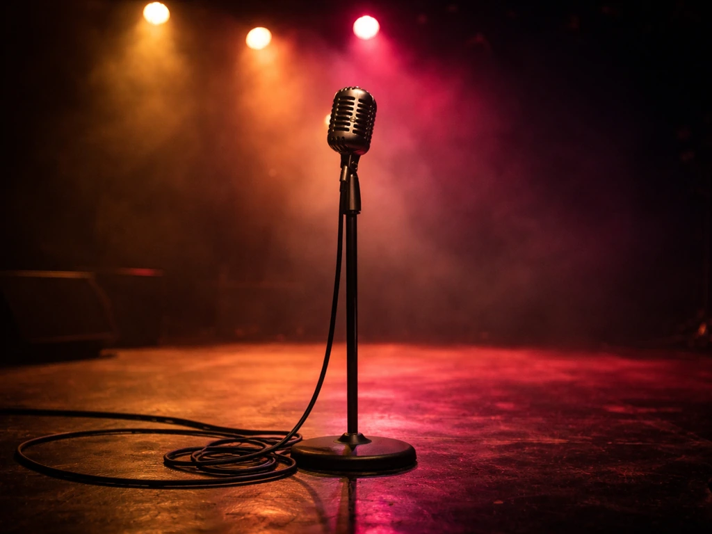 A close view of a reggae stage microphone and cables under warm concert lights, evoking a musician’s career.
