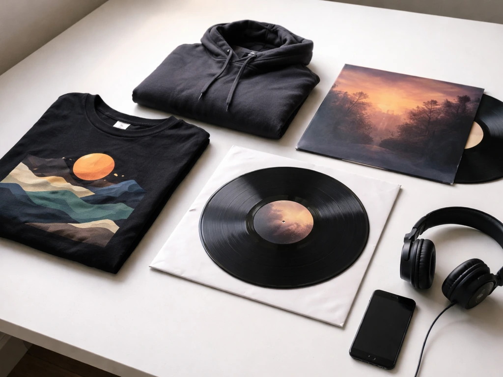 Minimal photo of neatly arranged music merchandise items on a studio table, symbolizing artist merch availability.