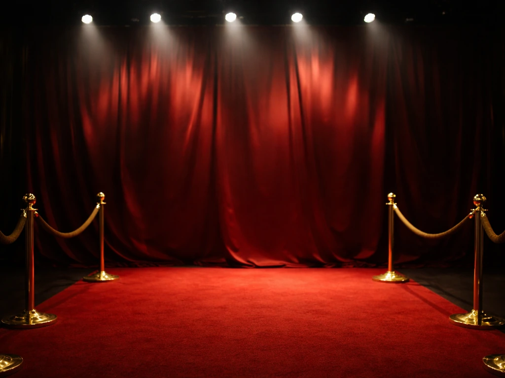 Empty TV studio red-carpet area under bright spotlights with gold stanchion ropes.