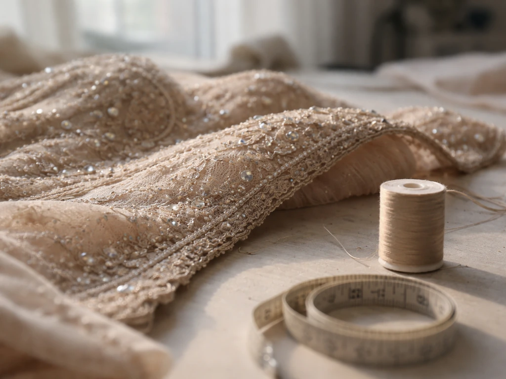 Close-up of an embellished fashion garment on a worktable with thread and measuring tape.