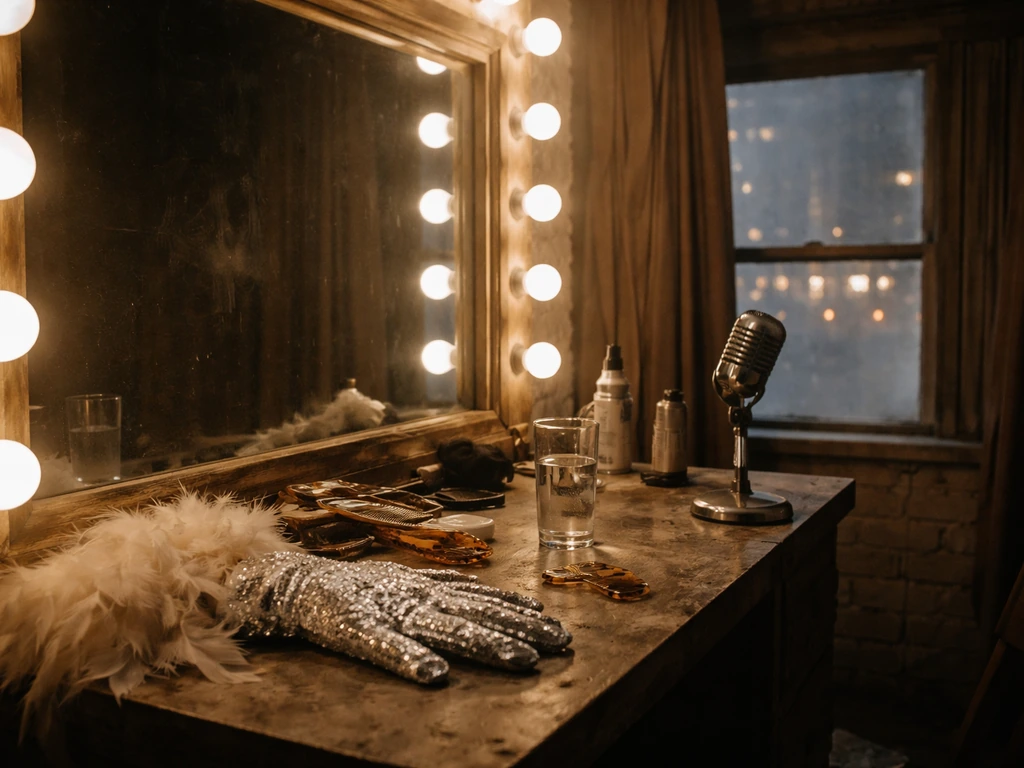 Empty 1980s downtown dressing table with drag accessories and a studio microphone, no person visible.