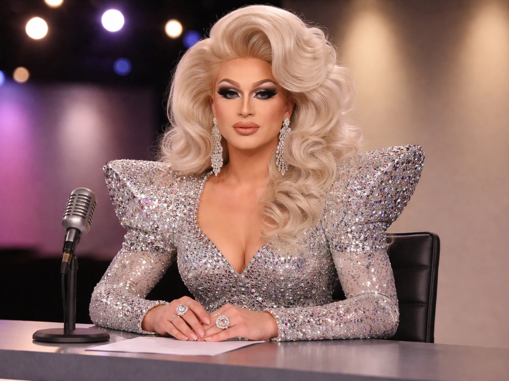 An anonymous glam drag performer judging at a studio set with soft stage lighting and a microphone