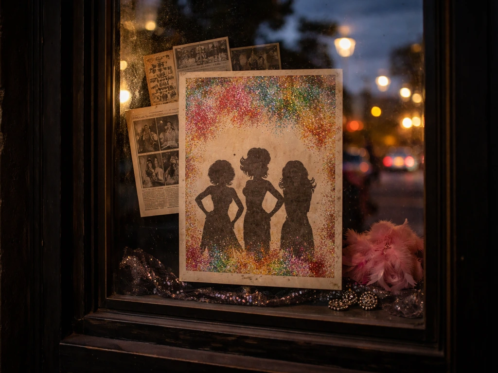 Vintage poster and flyers in a storefront window, evoking a drag festival legacy at dusk.