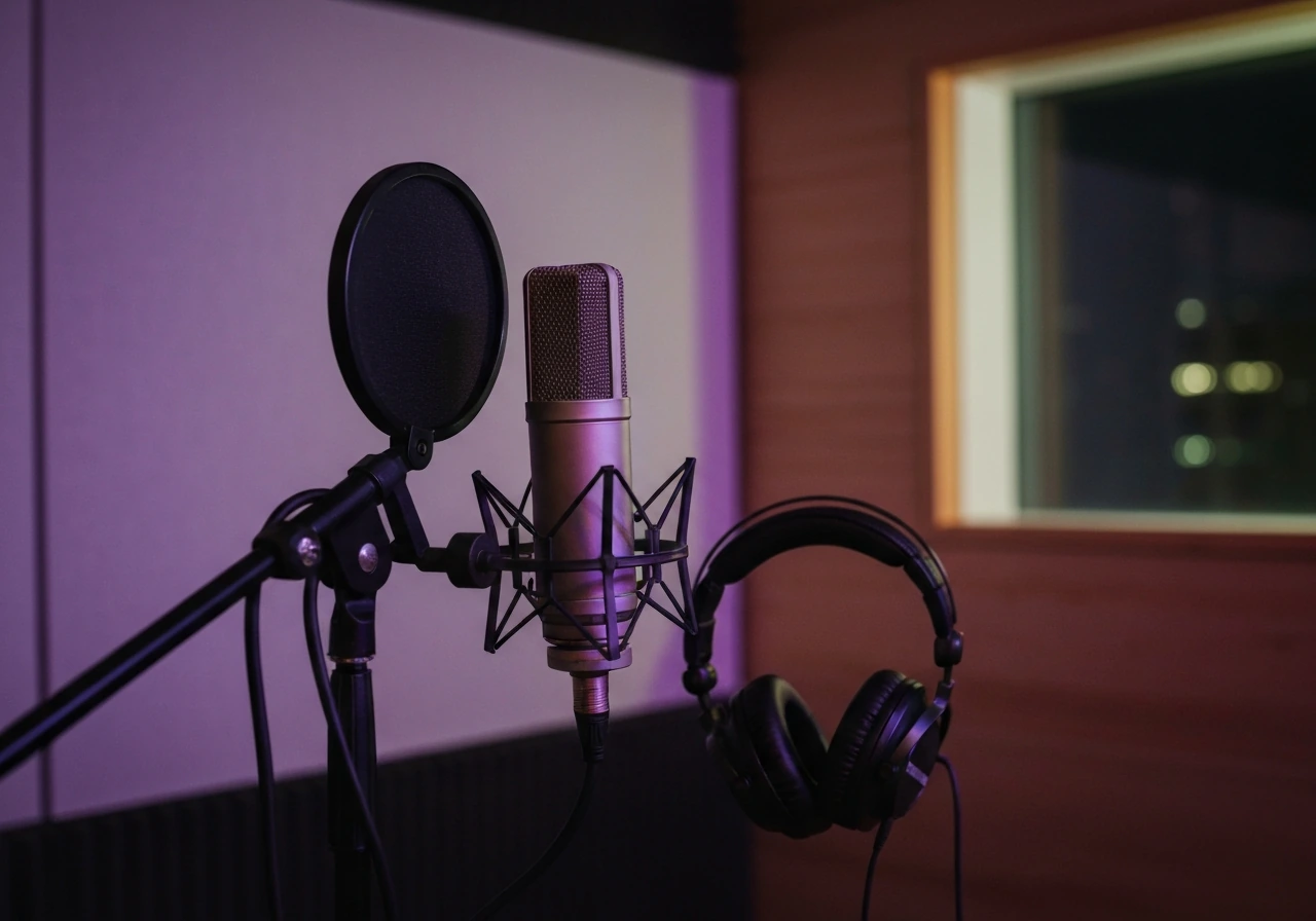 Studio microphone with headphones in warm dancehall-style lighting, suggesting a music career profile.