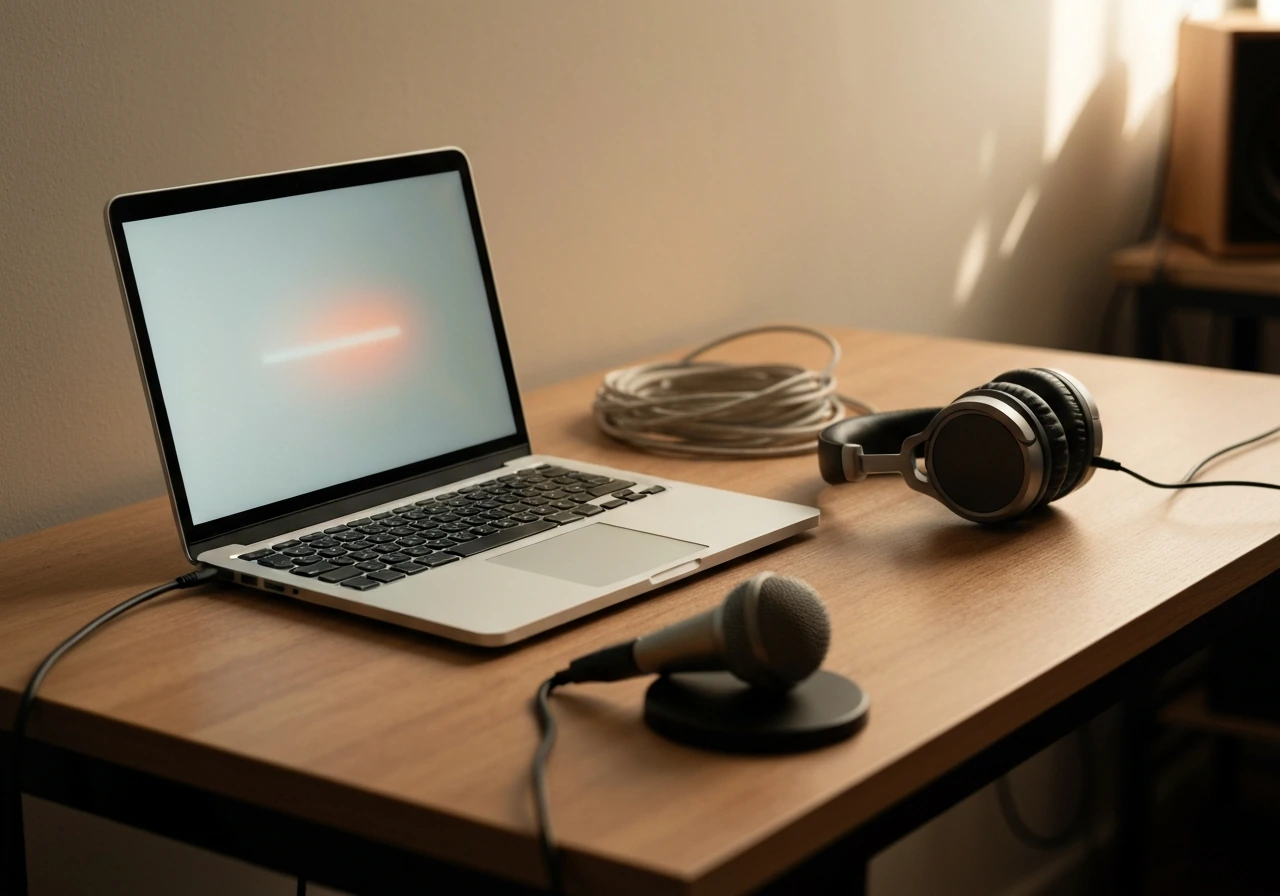 Minimal photo of a laptop on a small music studio desk with streaming gear and a microphone, suggesting income sources.
