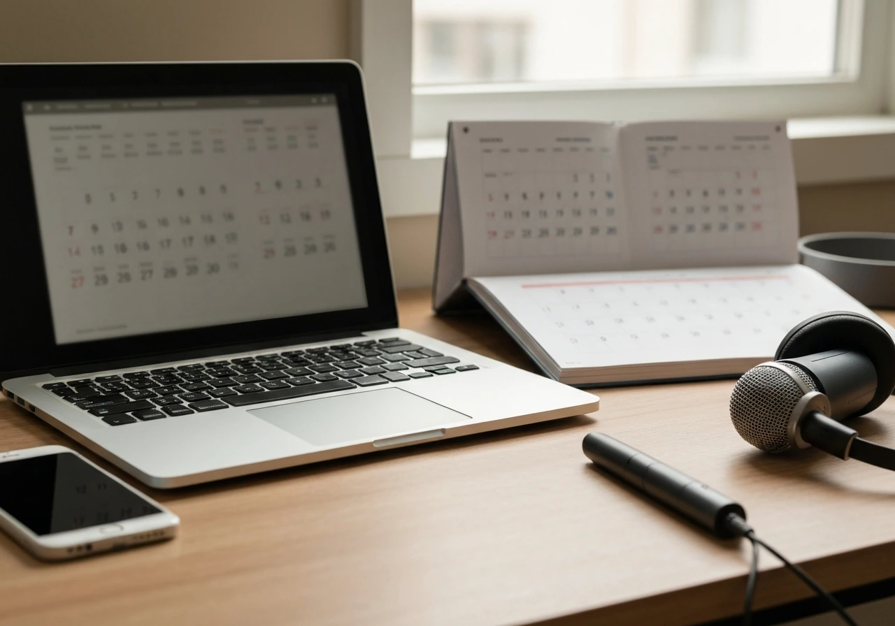 Desk setup with laptop, smartphone, microphone, and headphones suggesting live bookings and performances