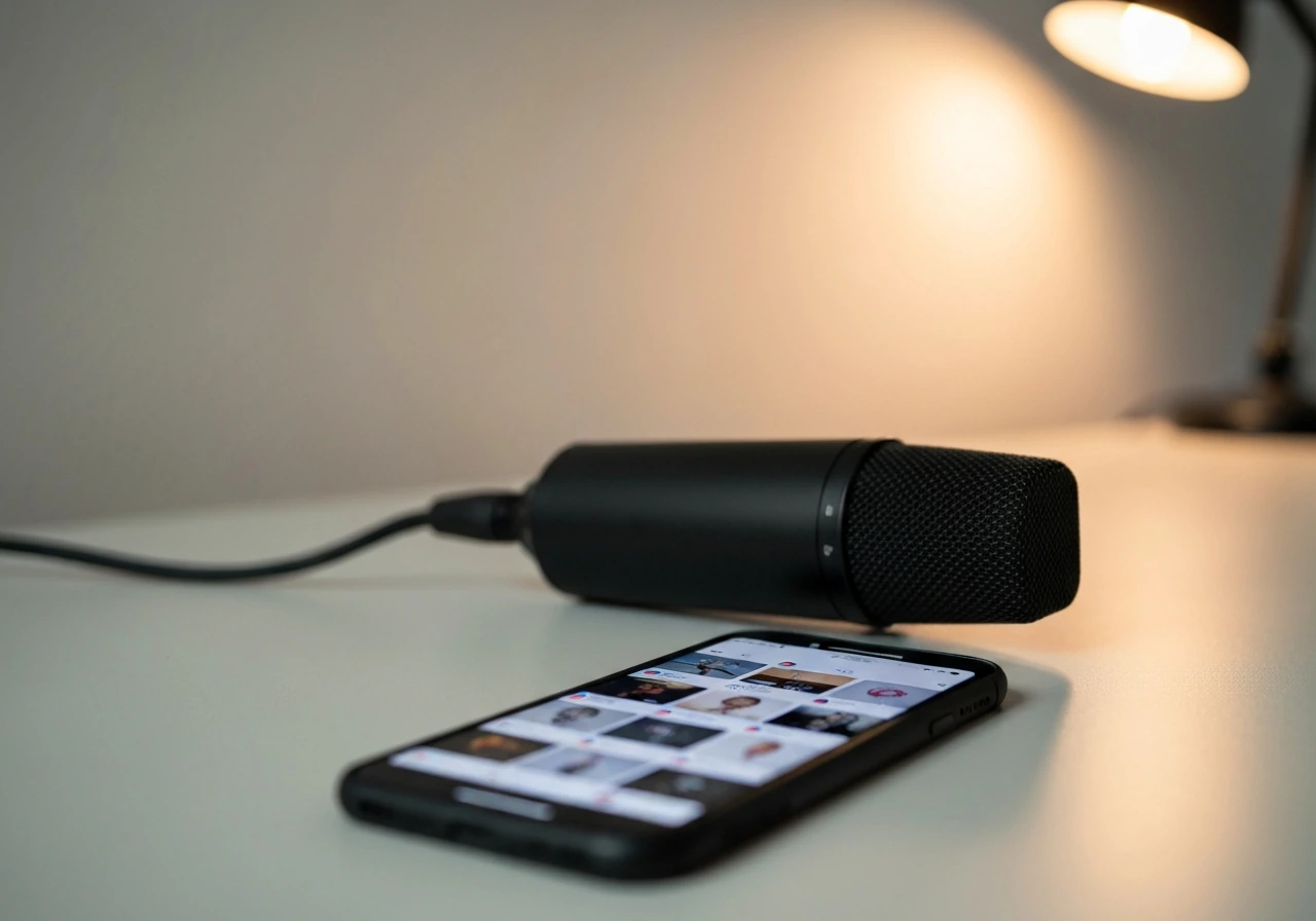 Minimal studio scene with a close-up of a microphone and a smartphone displaying blurred social posts.