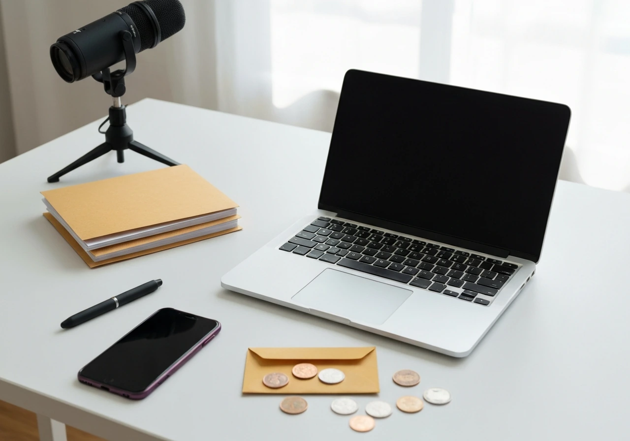 Minimal desk scene with laptop, phone, coins, and a microphone symbolizing estimating net worth.