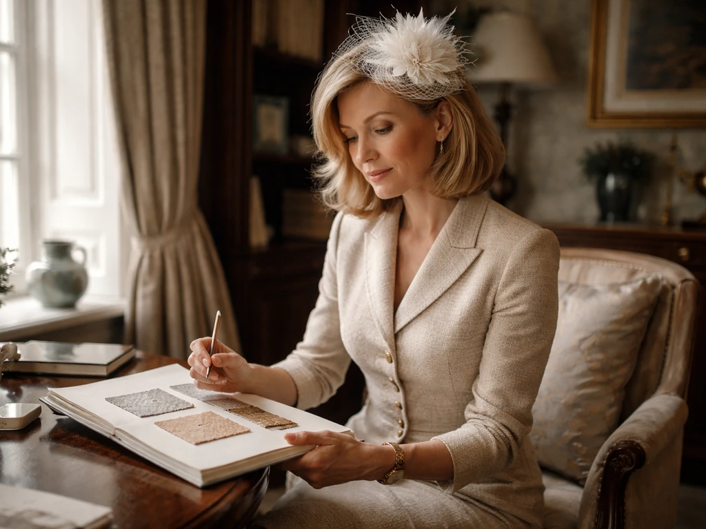 Elegant British aristocrat-inspired woman in a tailored dress seated in a quiet manor room with soft daylight.