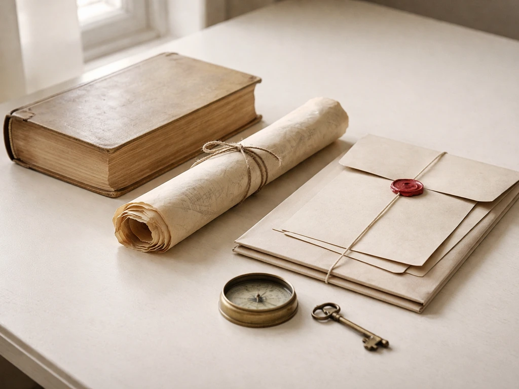 Vintage peerage reference book, parchment map, and typed papers on an archival desk in natural light.