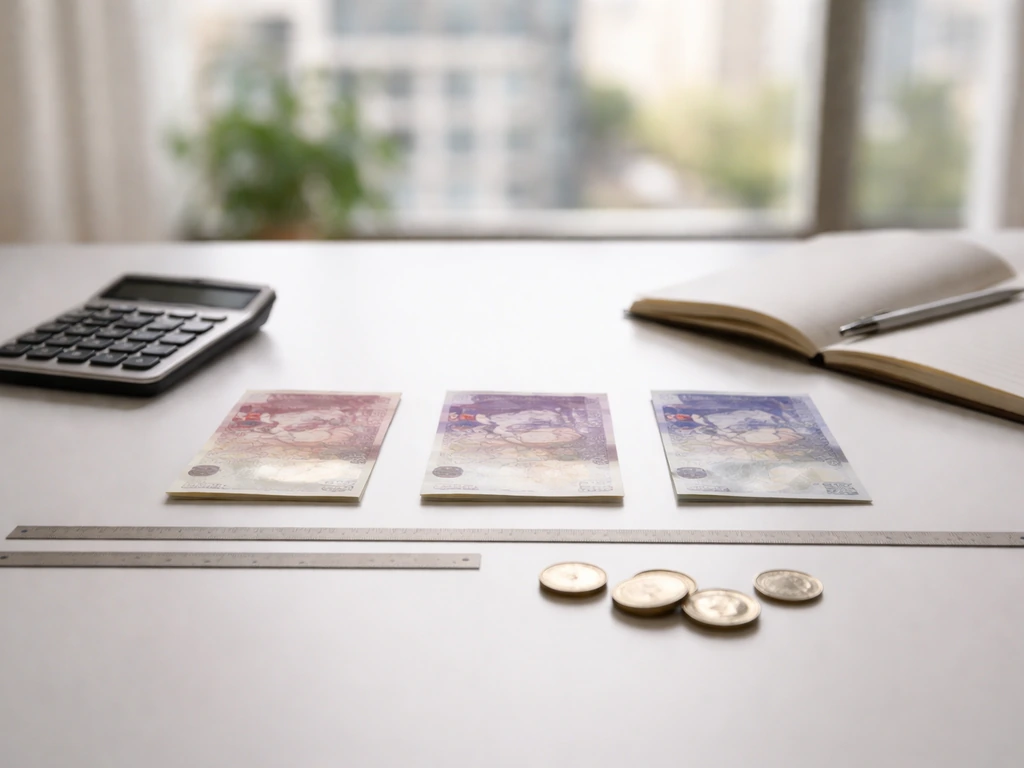 Minimal desk scene with pound notes, coins, calculator, and rulers suggesting a value range.