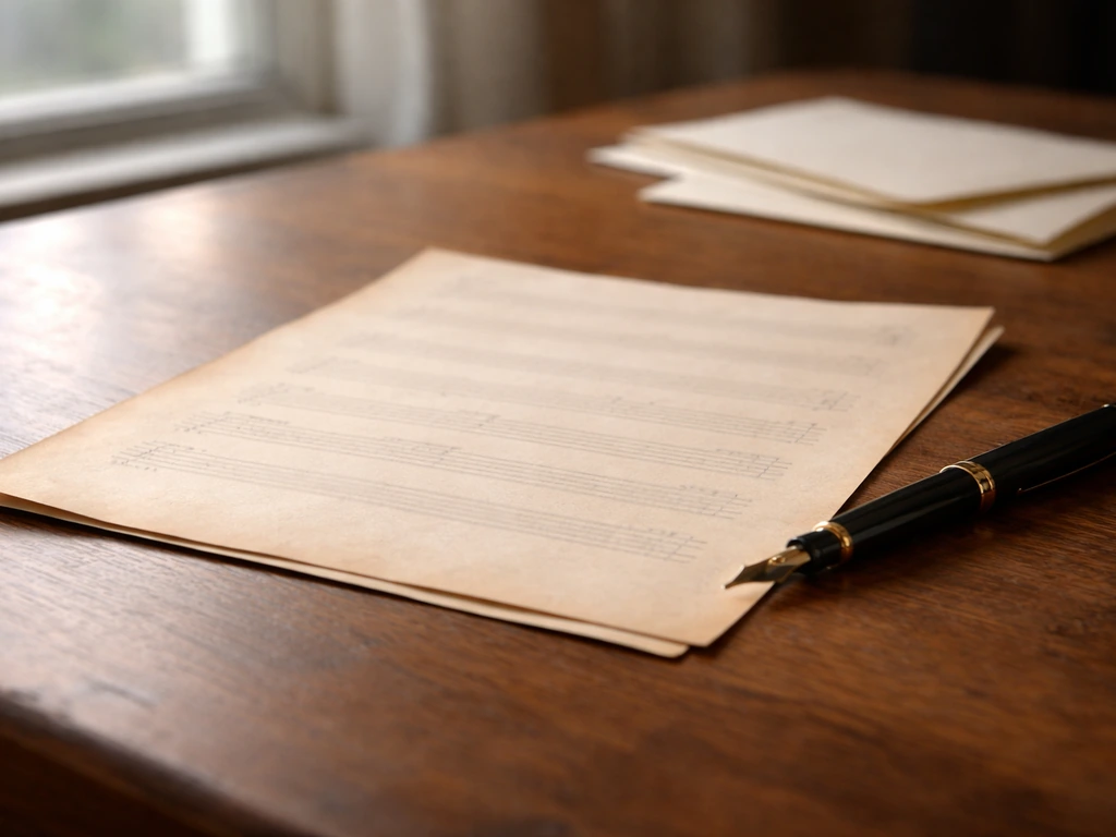 Close-up of blank sheet music paper and a pen on a wooden desk, symbolizing songwriting and publishing credits.