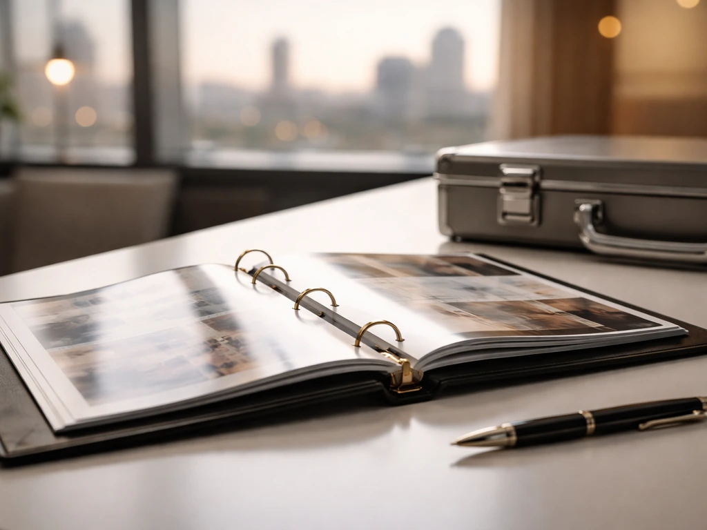 Close-up of an open music catalog binder with a luxury office backdrop and soft bokeh lights