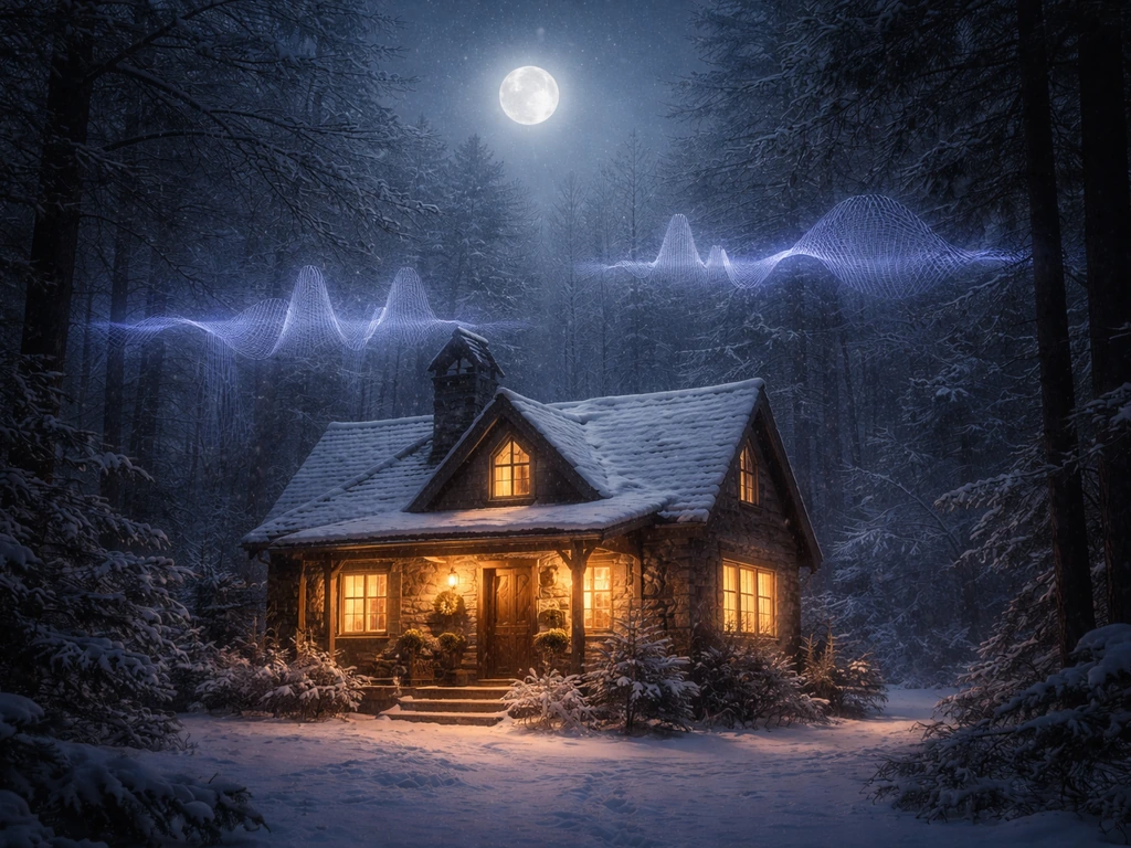 Moonlit cottage cabin exterior with a soft glowing audio-wave ambiance in the night sky