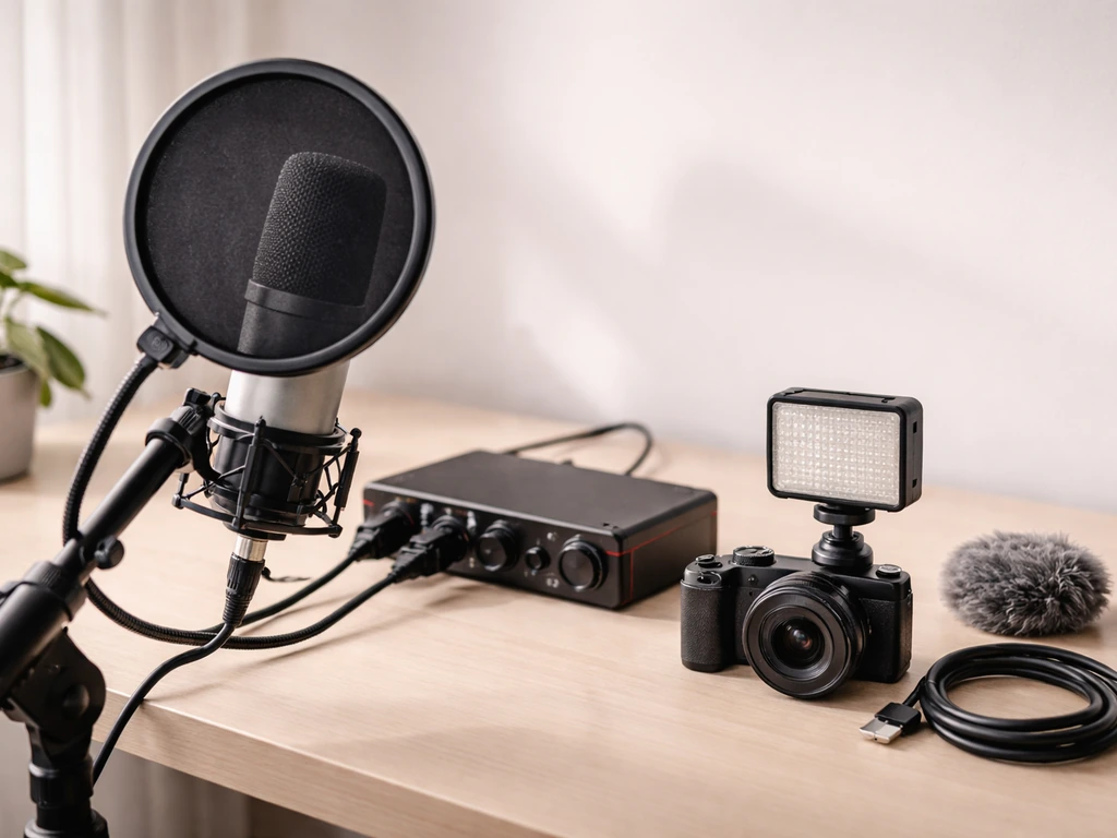 ASMR production gear on a desk: microphone with pop filter, audio interface, and small lighting accessories.