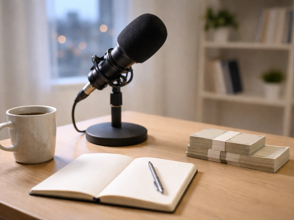 Minimal studio desk with microphone and stacked cash-like props, suggesting net worth scenarios.