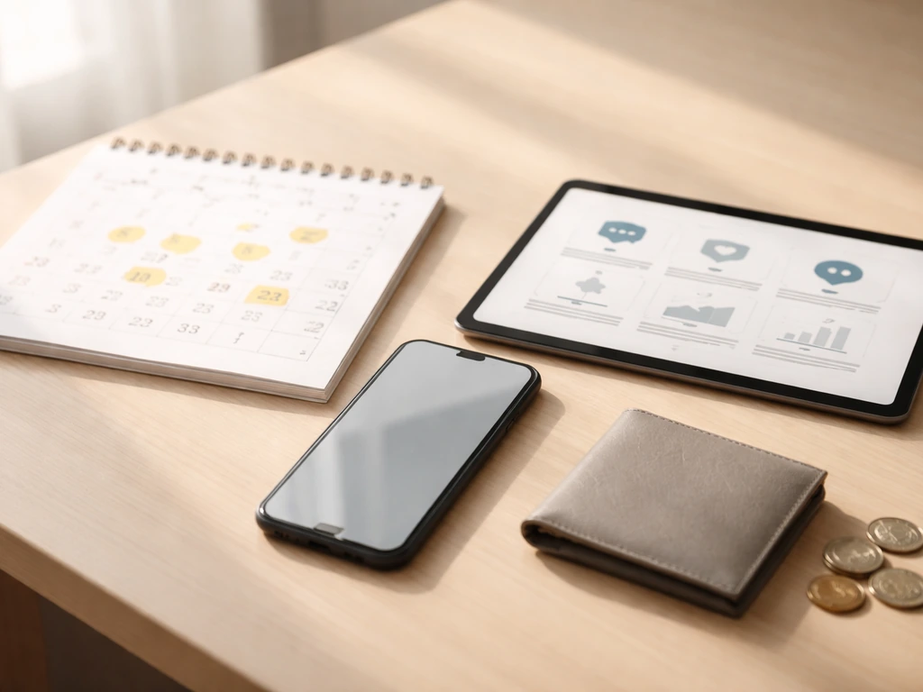 Desk with a calendar and a phone/tablet suggesting periodic net worth/social analytics updates, no text.