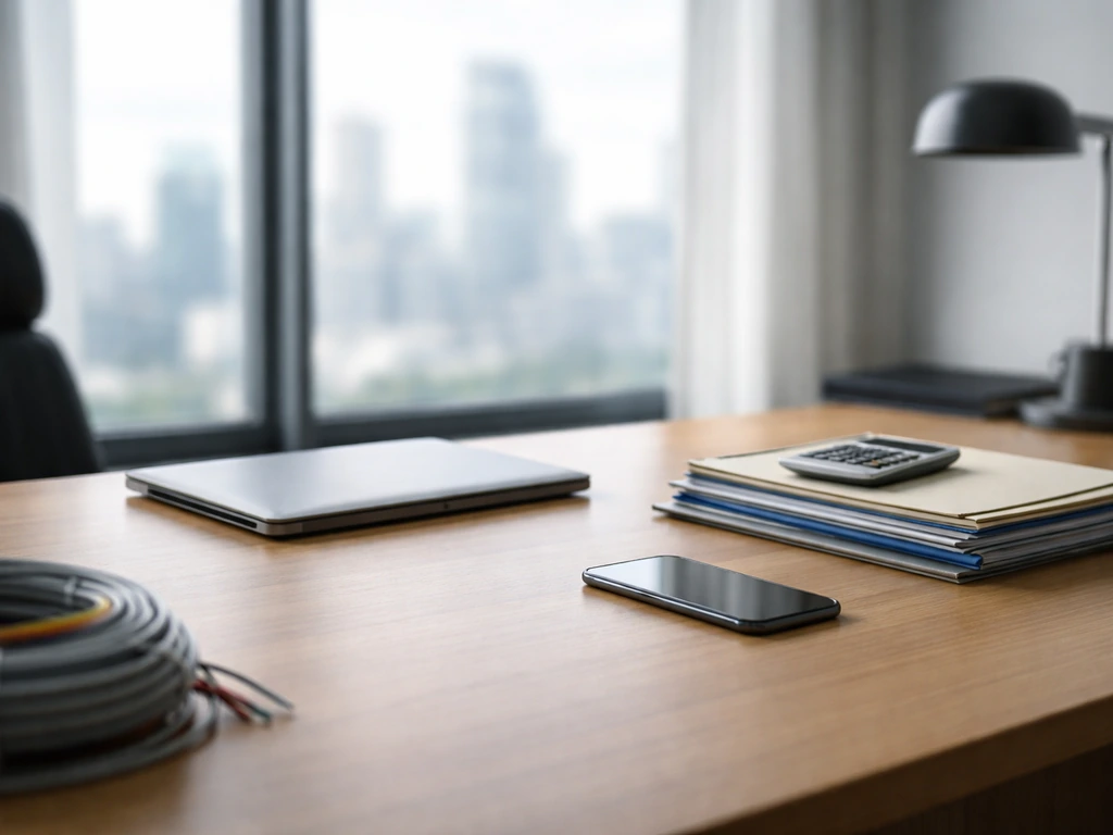 Minimal executive office scene with a laptop and documents, suggesting verification of income sources