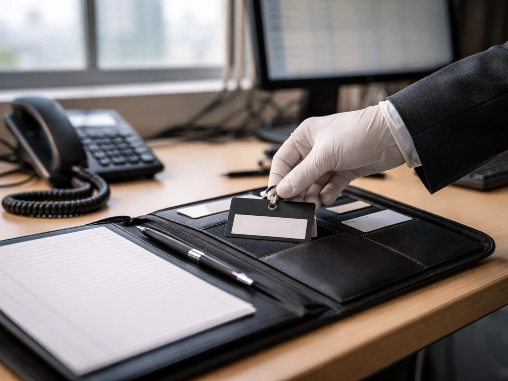 Anonymous hand in an office desk scene with a portfolio and press-badge motif for identity disambiguation