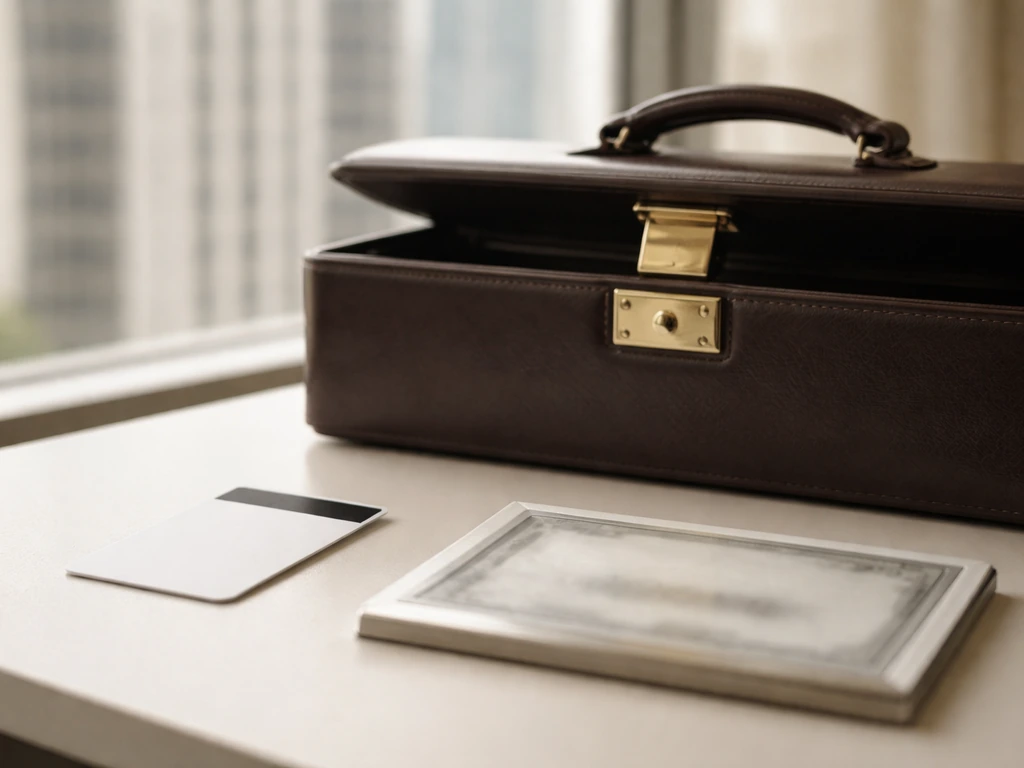 Briefcase and corporate items on a desk with a blurred utility building in the background.