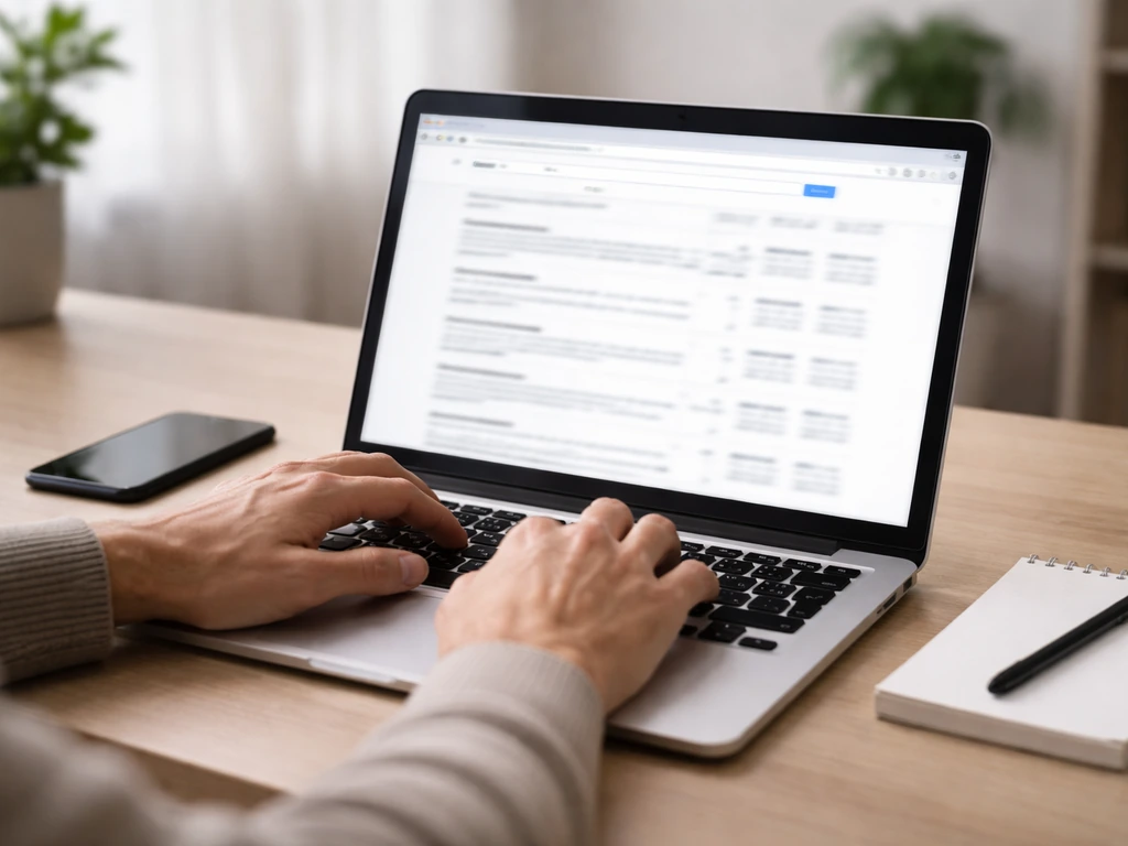 Hands typing on a laptop with blurred browser showing filings, symbolizing self-verification of an estimate.