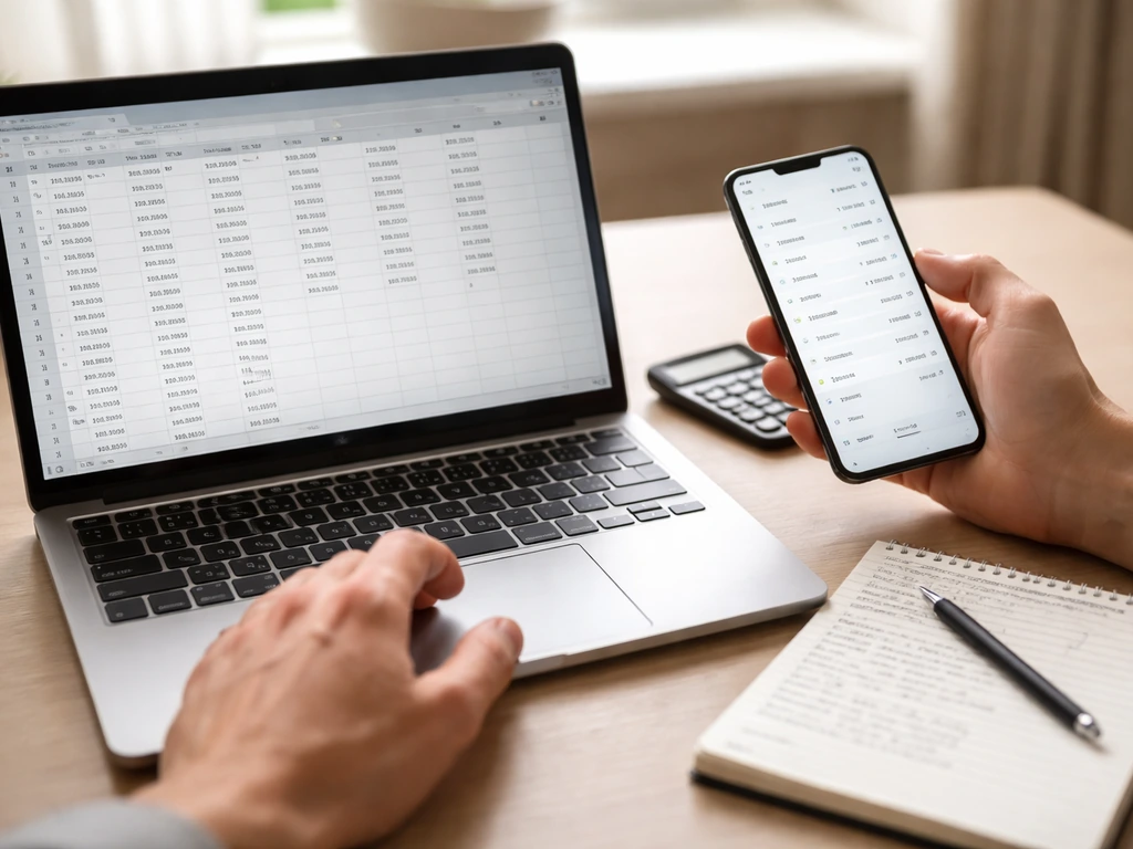 Close-up of hands entering pricing and subscriber figures into a spreadsheet beside a smartphone in a quiet office.