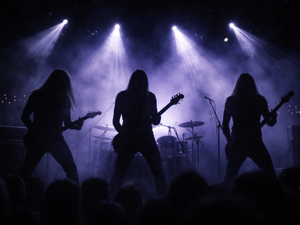 Cinematic dark concert scene with silhouetted band performers under dramatic stage lights