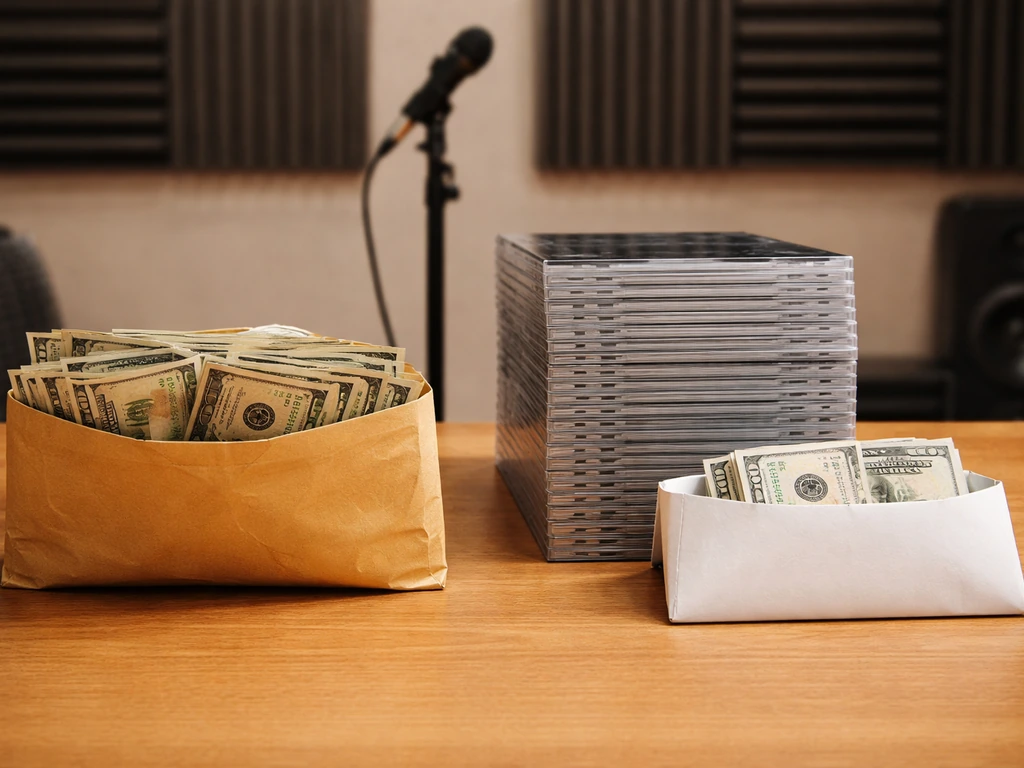 Minimal studio desk with envelopes and blank release cases suggesting shared band vs individual wealth.