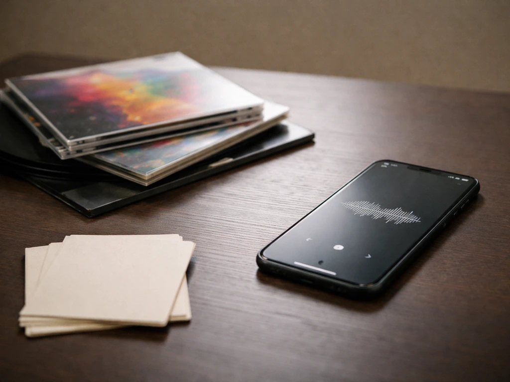 Stacked vinyl albums beside a smartphone showing a generic audio waveform, with small royalty cue cards nearby.