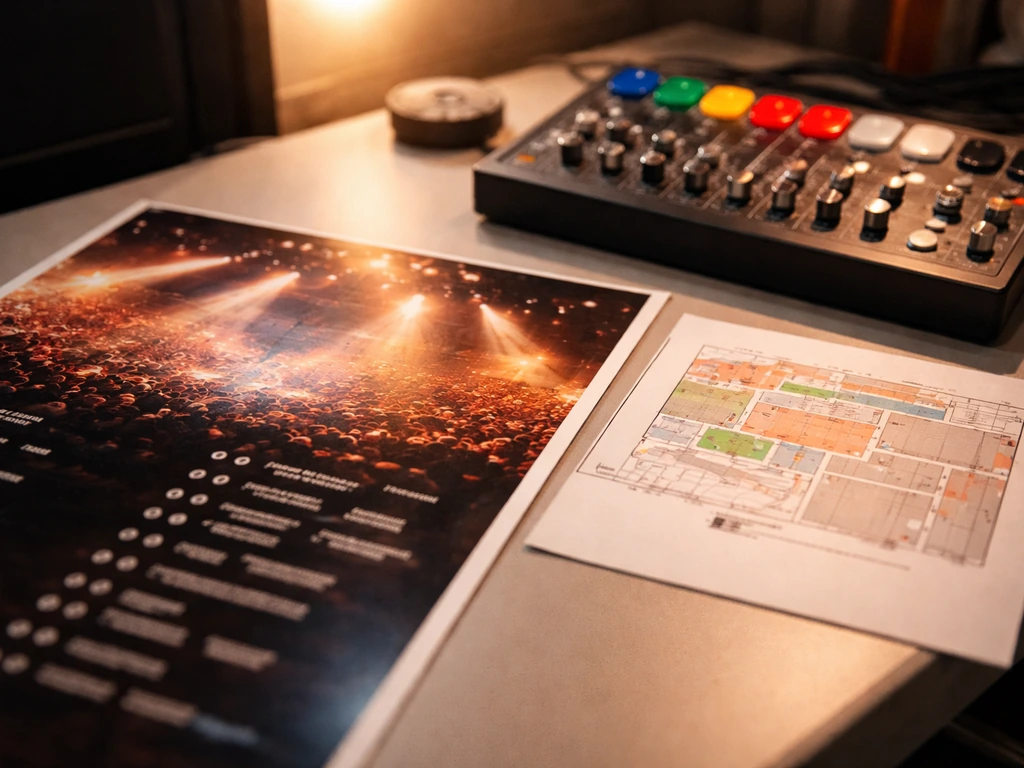 Branded tour poster beside a small venue map and stage-lighting gear on a desk