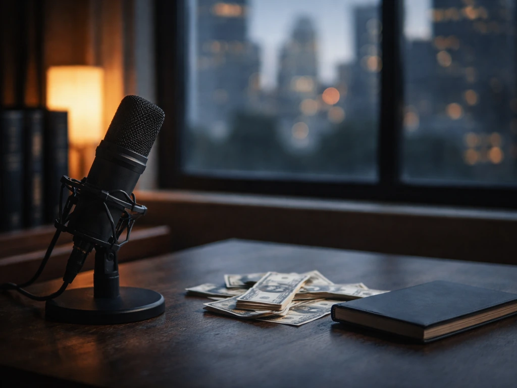 Crime-themed podcast studio desk with a microphone and scattered cash bills, moody lighting.