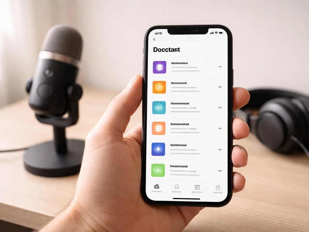Minimal podcast-themed scene with a smartphone showing a clean app library screen concept