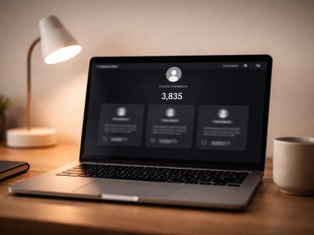 Laptop on a desk showing a Patreon-style membership count area with tiers and the number 3,833.